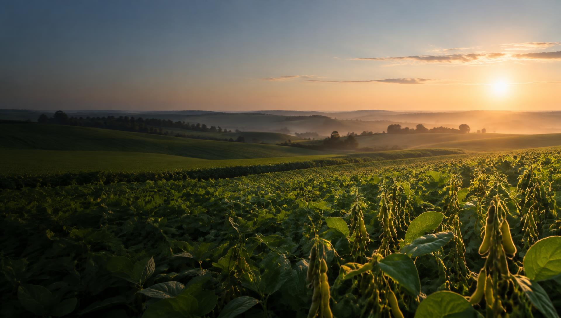 Plantação de soja em paisagem rural ao amanhecer